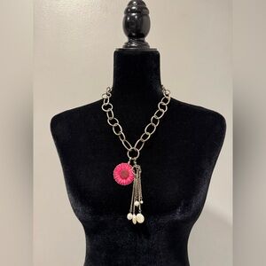 Chunky Sterling Silver Chain Necklace with Pink Flower Pendant and Pearls